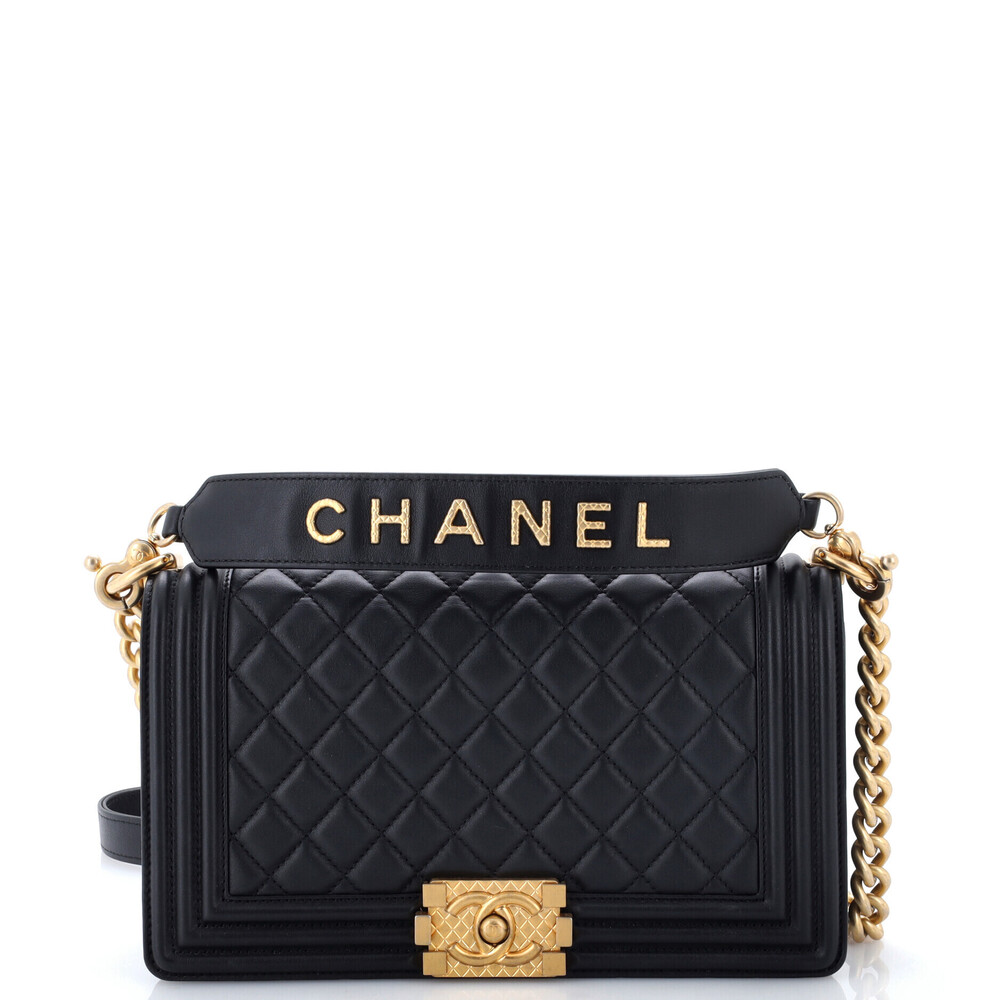 Chanel Old Medium Logo Top Handle Boy Flap Bag Quilted Calfskin